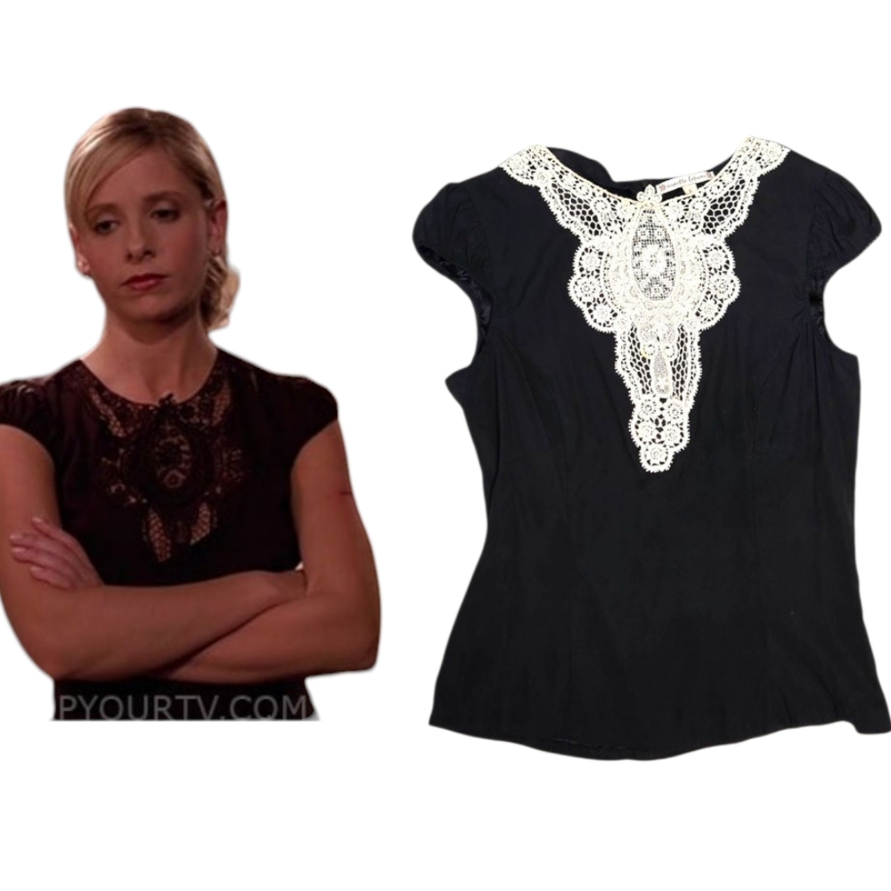 AS SEEN ON TV Vintage‎ Y2K black silk crochet lace cap sleeve blouse top 6